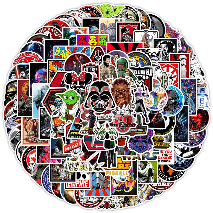 Set 100 Stickere Decorative, PVC, tematica filme si personaje de desene animate, reutilizabile, 0.8 inch