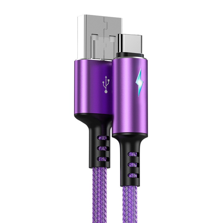 Cablu de date LED, incarcare rapida, TYPE-C, 3A, mov, 0.25m