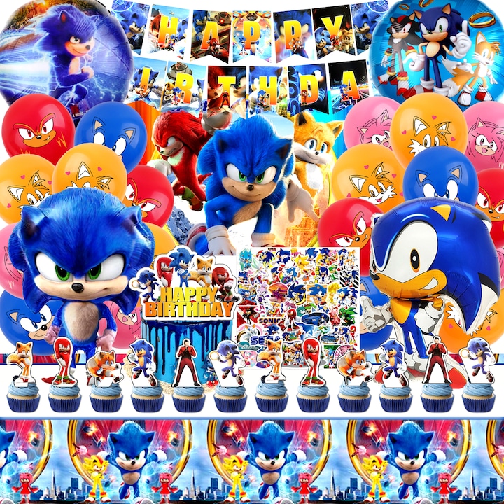 Комплект за декорация на парти Sonic, 102 части, консумативи за парти Sonic, банер Честит рожден ден, балон от алуминиево фолио Sonic, латексови балони, покривка Sonic, декорации за торта Sonic, многоцветен