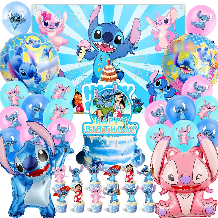 100 db-os Stitch party dekoráció, Boldog születésnapot banner, Lilo és Stitch fólia lufi, Stitch születésnapi dekorációk, Stitch latex léggömbök, Háttér, Lilo és Stitch torta dekoráció, matricák