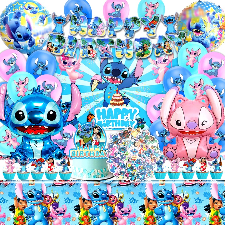 Комплект от 100 украси за парти на Stitch, фолиеви балони Lilo and Stitch, банер Честит рожден ден, латексови балони Stitch, фон, топер за торта Lilo and Stitch, стикери