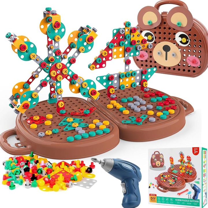 Set jucarie burghiu electric si surubelnita pentru copii, 204 piese, multicolor, 4-8 ani