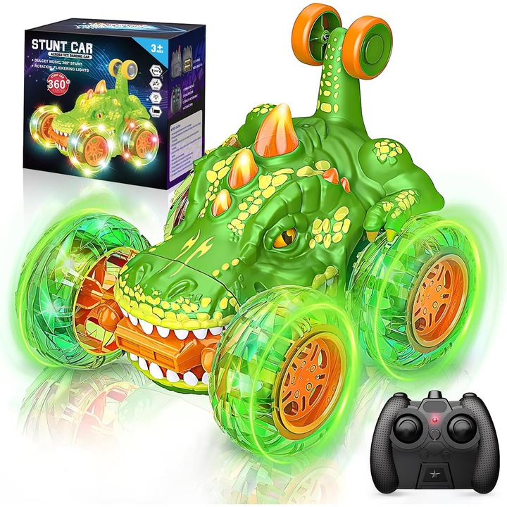 Masina cu telecomanda cu dinozaur pentru copii, cascadorii rotative la 360° la 2,4 GHz cu lumini, jucarie cu masina pentru copii 3 4 5 6-8 ani