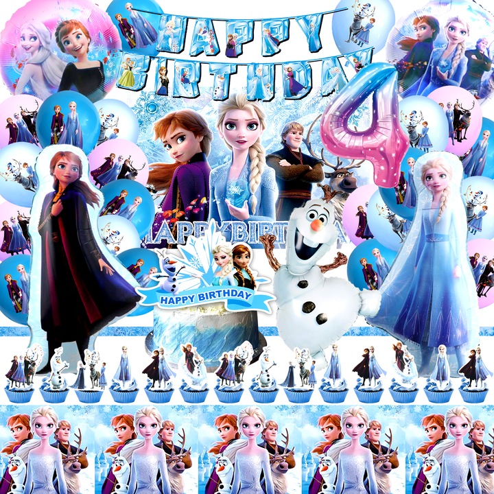 Комплект декорации за парти за 4-ти рожден ден Frozen, 52 части, банер Frozen, тематични балони Frozen, фон на Елза и Анна, покривка Frozen, покривка за торта Frozen, синьо/розово/тъмно синьо