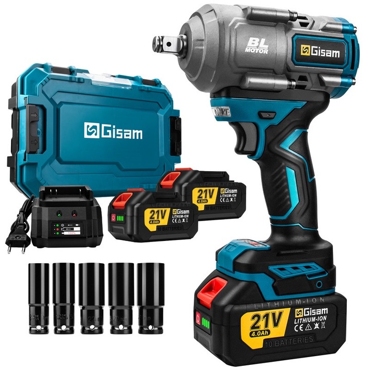 Акумулаторен ударен винтоверт Gisam, 1800Nm, 2 батерии 4.0Ah, 21V, 3200rpm