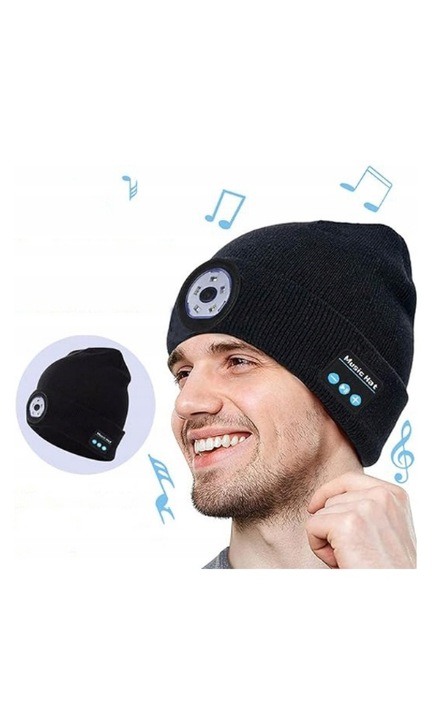 Bluetooth sapka fénnyel, zenesapka kötött fejhallgatóval és mikrofon beépített hangszóróval, ultra fényes, 4 LED, vízálló, fényszórókkal kötött téli sapka ajándék férfiaknak és nőknek, fekete