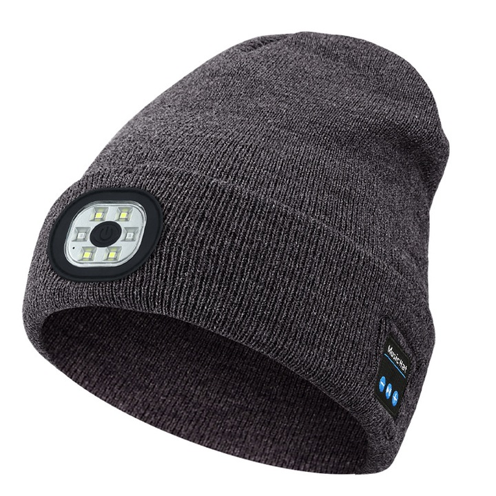 Bluetooth sapka fénnyel, kötött zenesapka fejhallgatóval és mikrofon beépített hangszóróval, ultra fényes, 4 LED, vízálló, fényszórókkal kötött téli sapka ajándék férfiaknak és nőknek, szürke