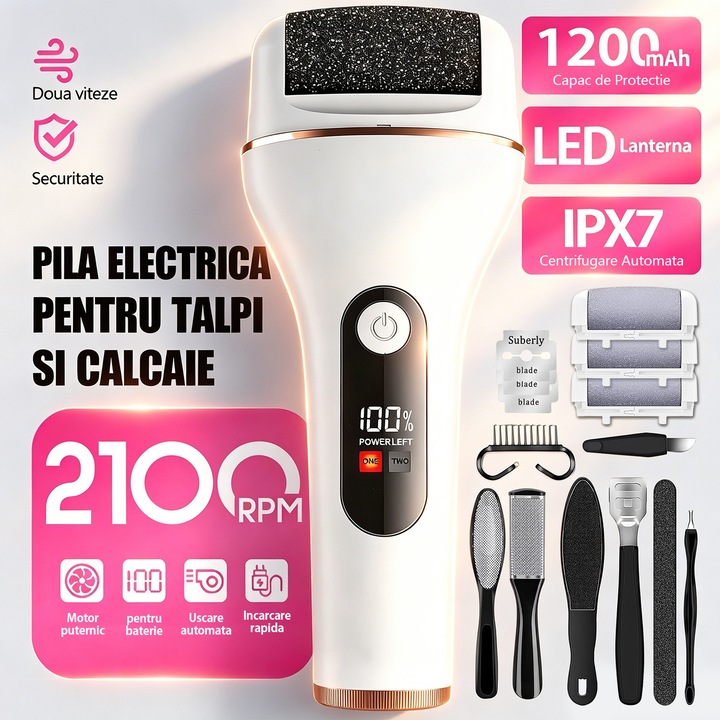 Pila Electrica pentru Talpi si Calcaie, BYONDSELF®, 2 Viteze, 2100rpm, 1200mAh, Capac de Protectie, IPX7, Apa cu Centrifugare Automata, LED Lanterna, Indepartare Piele Moarta, Calusurile, Alb