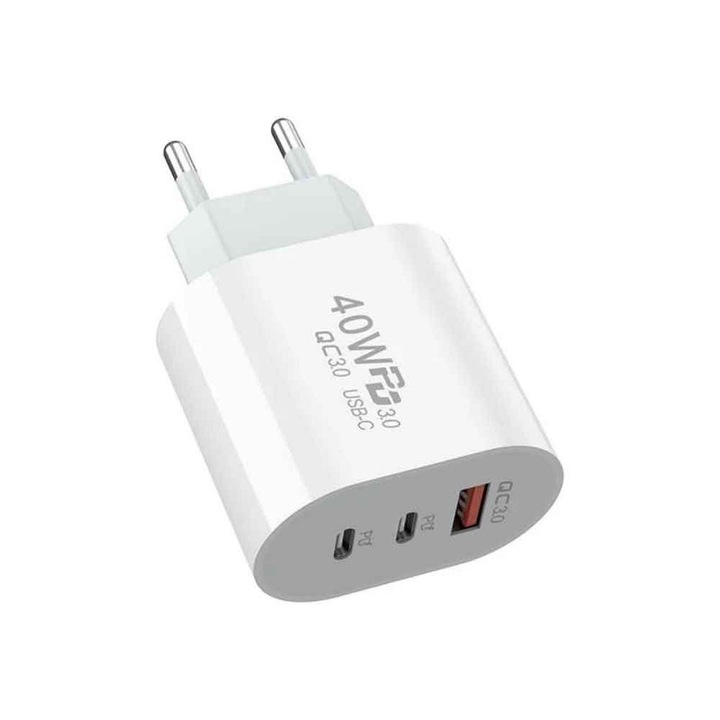 USB Type-C бързо зарядно 40W, 3 порта, съвместимо с iPhone 15, 14, Xiaomi, Samsung, бяло