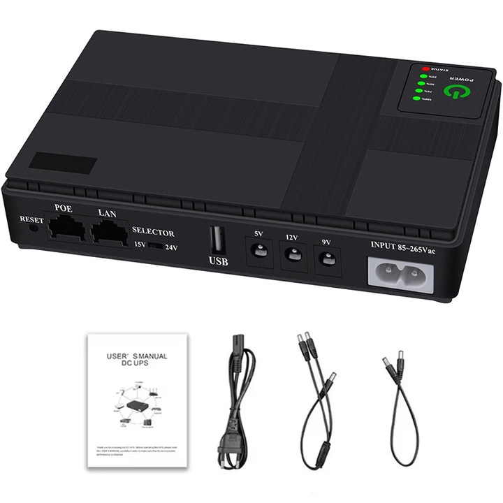 UPS 10400mAh 5V/9V/12V, Преносим, Мини, За рутери, Фотоапарати, Високоговорители, Черен