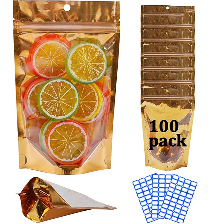 Set 100 buc pungi stand-up resigilabile, Axroad Mall, Cu fermoar ziplock si o parte transparenta, Cu autocolant, Pentru depozitarea dulciurilor, biscuitilor, sau a oricaror articole mici, Rezistent la apa si antiodor, PET aluminiu, Aur, 10×18cm