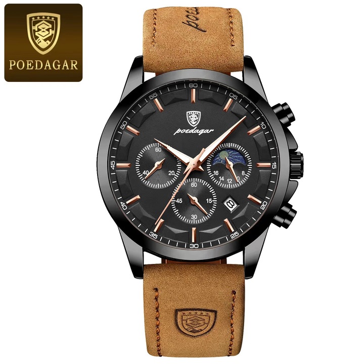 Ceas barbati Poedagar, multifunctional, waterproof, negru, curea din piele naturala