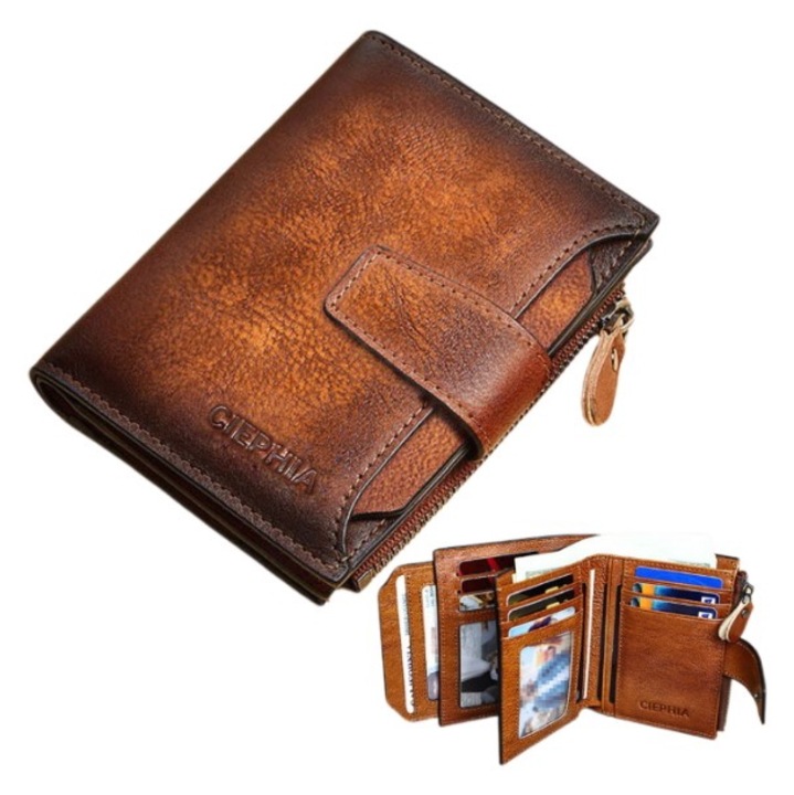 Portofel barbatesc din piele naturala, JENUOS, RFID, buzunar carte de identitate, Negru