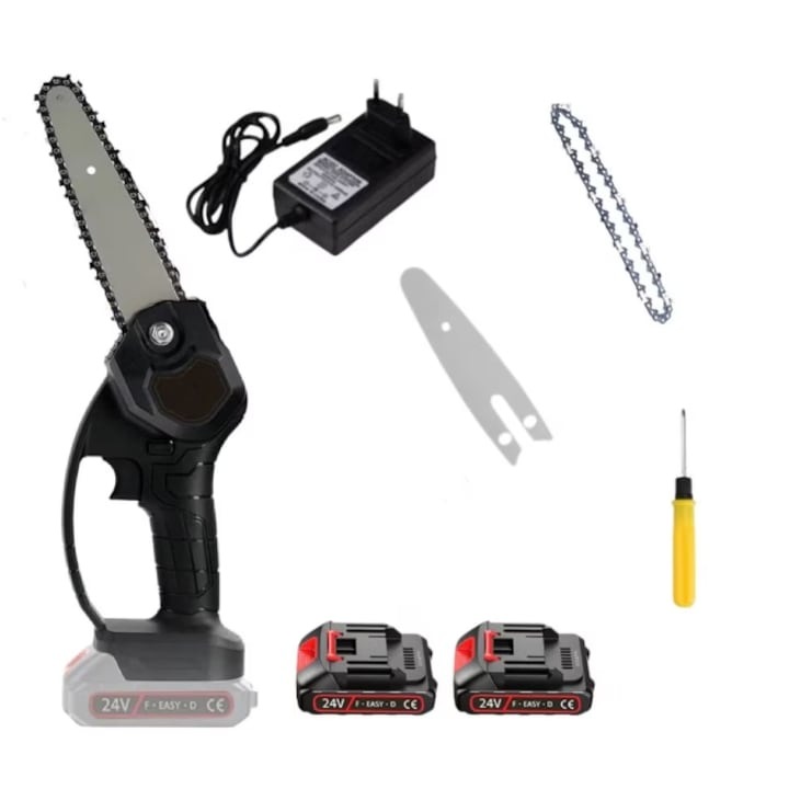 Mini fierastrau electric AEIDEN ® 700W, 2 x acumulator 48V 4500mAh, 2 x lama 4 Inch, 2 x lant, pila pentru ascutit lantul, rama ajustabila, accesorii, valiza transport, Negru