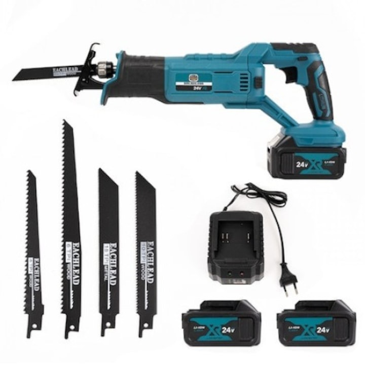 Fierastrau tip sabie AEIDEN ® XR, cu 2 acumulatori 36V, 5000 mAh, mandrina autoblocanta, 4 bucati panza diferite modele, 1 incarcator, valiza compacta de transport, Albastru