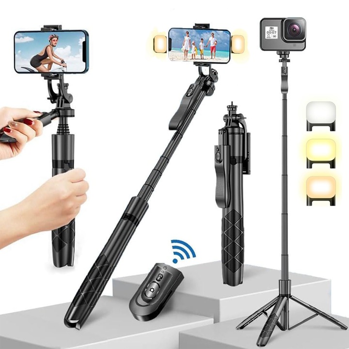 Селфи стик 2 в 1, Puepoul, с телескопичен фото статив за телефон, видео/фото камера, GoPro, Bluetooth дистанционно управление, 2x двойни светлини включени, регулируема по височина, балансирана снимка, черен