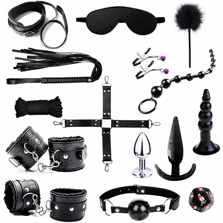 Комплект от 15 еротични играчки EXCIT®, BDSM, Еко кожа, Робство, Белезници, Камшик, Яка, Въже, Перо, Маншети, Анални тапи, Маски, Зарове със сексуални пози, Секс играчки за възрастни, Черен