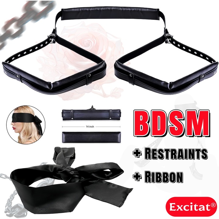 Set BDSM pentru cupluri, EXCITAT®, set restraints pat, Legatura de coapsa Bondage Sling Leg, Centura de siguranta, Reglabil, Eyepatch, Jocuri intime pentru cupluri, Negru