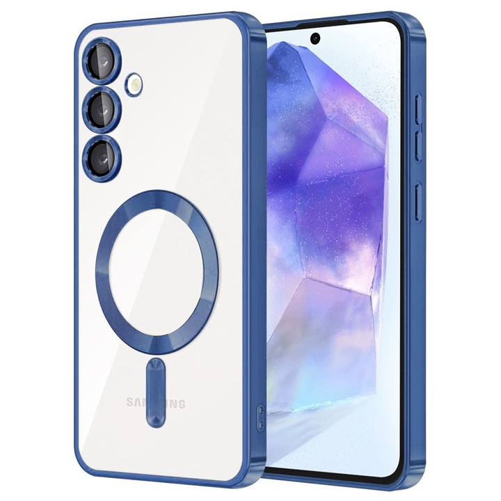 Защитен калъф, съвместим със Samsung Galaxy A55 5G, Luxury Crystal, съвместим с MagSafe, сини ръбове, TPU, прозрачно-син