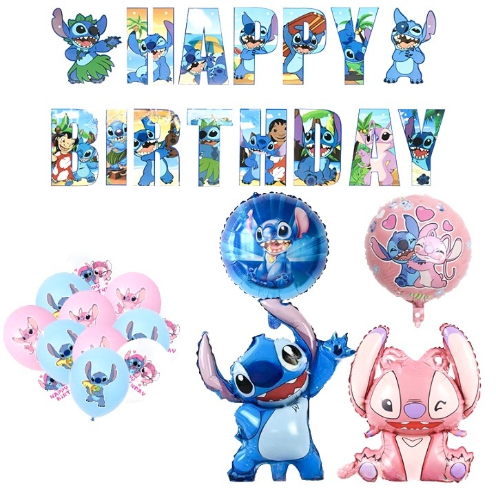 16 db ANTADESIM lufi készlet, Lilo & Stitch alumínium fólia figurák 74 és 52 cm, dekoratív zászlók, latex lufi 30 cm, fólia léggömb 45 cm, kék és rózsaszín