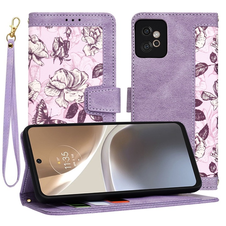 Husa Protectie compatibila cu Motorola Moto G32, MaiDestept Protect, G43, Flip Cover, Piele ecologica, Mysterious Plum Violet