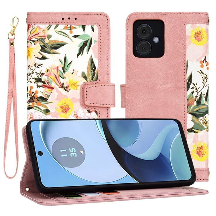Калъф тип тефтер за Motorola Moto G14, функция стойка и картодържач, розов