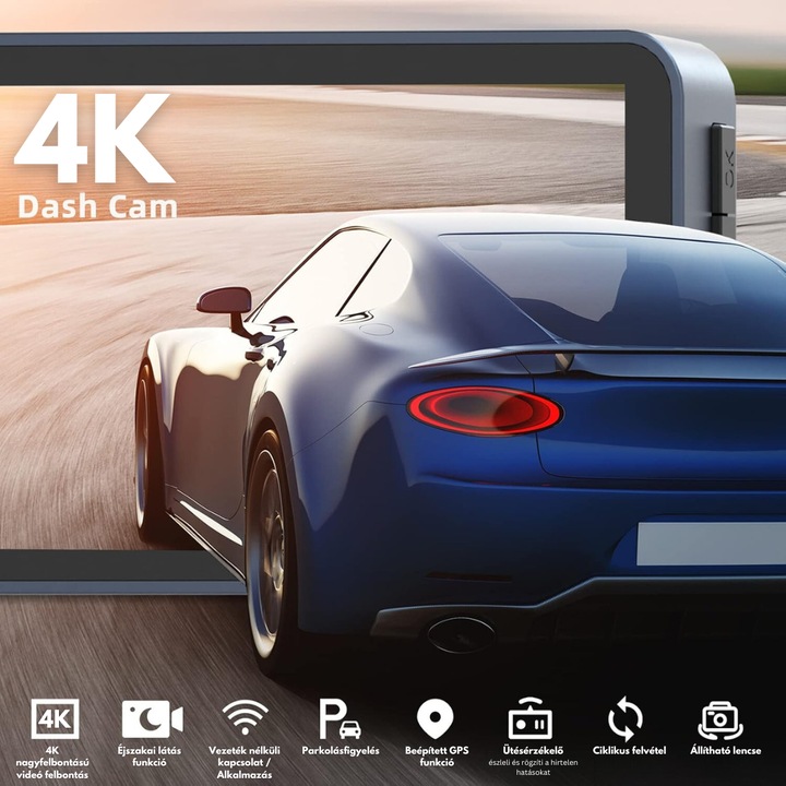 Dual Dash kamera, 4k - Full HD, VisionHub, WIFI + GPS, állítható G-érzékelő, telefonalkalmazás, éjszakai látás, hurokrögzítés, 170°-os széles látószög, 3,0 hüvelykes IPS képernyő, DVR 4k elülső kamerával + hátsó 1080p, fekete