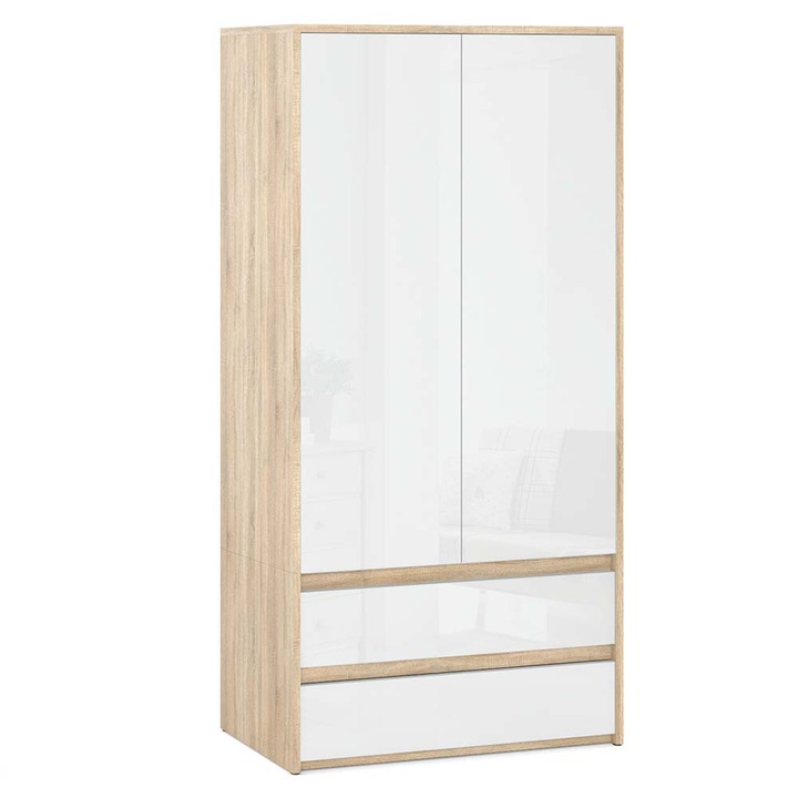 Гардероб, Stiv-Meble, HIT 2D2S, SZAFH_SOBP, 90x50x180 cm, 2 чекмеджета, 4 рафтове, 2 врати, 1 релси за дрехи, Ламинирано, ПДЧ, Бяло/Дъб Сомона