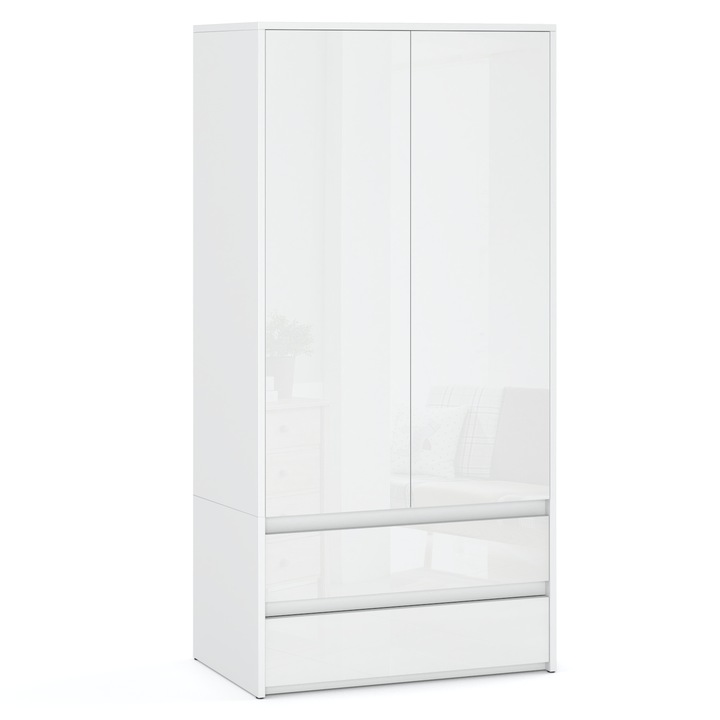 Dulap, Stiv-Meble, HIT 2D2S, SZAFH_BMBP, 90x50x180 cm, 2 Sertare, Prelucrare de inalta calitate, Atentie la detalii, Constructie solida, 2 Sertare, 2 Usi, 4 Rafturi, Bara Haine, Asamblare: mobilier neasamblat, PAL, Alb matt/Alb
