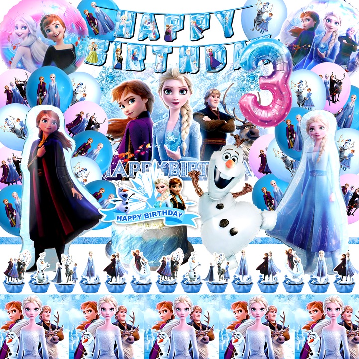 Комплект декорации за парти за 3-ти рожден ден, 52 части, тематични балони Елза и Анна, балон от замразено фолио, консумативи за парти за 3-ти рожден ден от Frozen, замръзнал фон, банер, плот за маса и покривка за торта