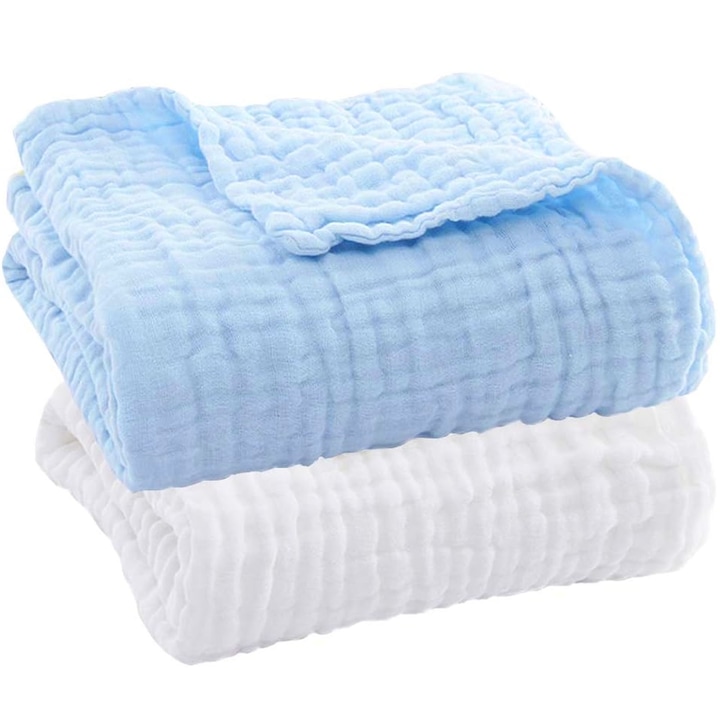 Set 2 Paturica pentru Bebe, Hggzeg, Muselina 6 Straturi, 105x105 cm, 0-5 Ani, Moale si confortabila, Absorbtie buna a apei, Utilizate pe scara larga in prosoape de baie, haine de infasat, cuverturi subtiri, Bumbac, Alb/albastru