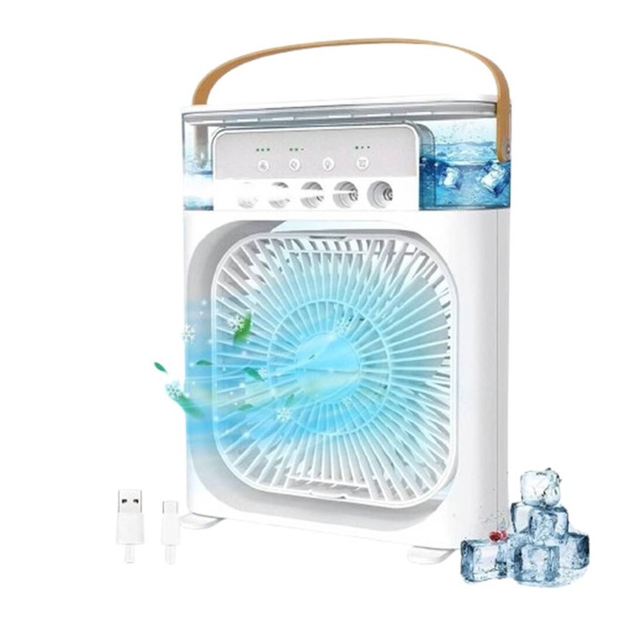 Настолен охладител 4в1, Вентилатор, Охлаждане с вода, Регулируем, Бял, USB Type-C