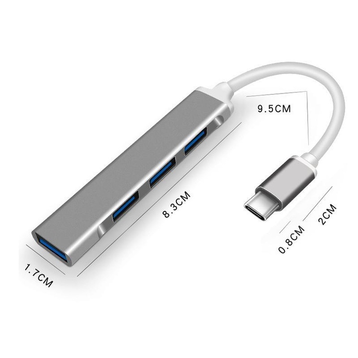 USB Hub, 4-Port USB 3.0 Dongle, Available for Type-C Ports Multiple USB Ports Expander for Laptop, MacBook, Surface Pro, XPS, PC, Flash Drive, Mobile HDD (USB-A), Silver