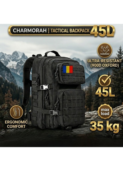 Rucsac militar, Charmorah, 45L, 50x30x30CM, Oxford 900D, Rucsac drumetie, Rucsac munte, Rucsac tactic, Ghiozdan militar, Negru