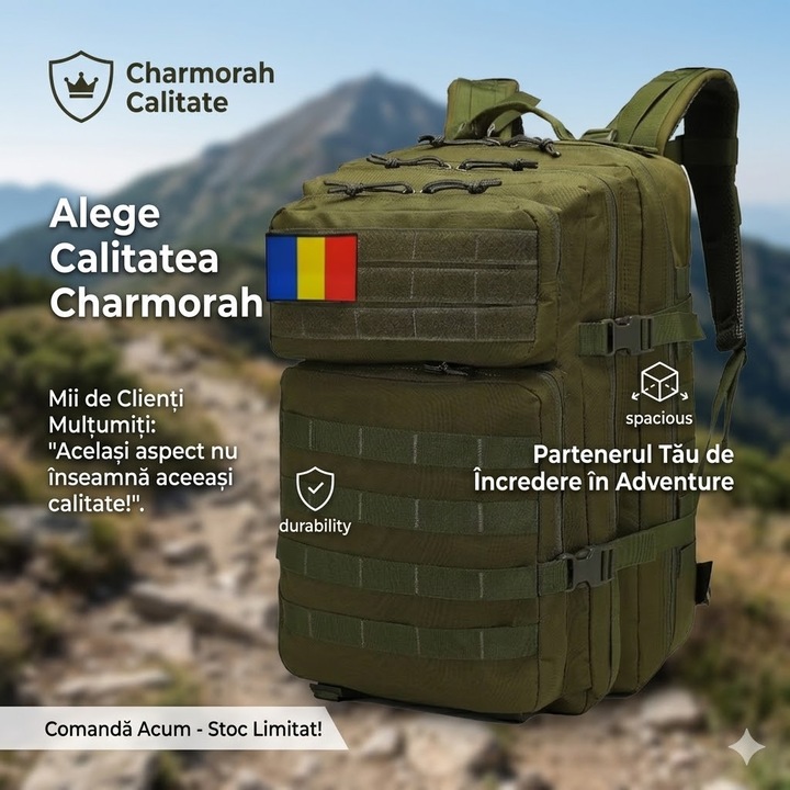 Rucsac militar, Charmorah, 45L, 50x30x30CM, Oxford 900D, Rucsac drumetie, Rucsac munte, Rucsac tactic, Ghiozdan militar, Verde