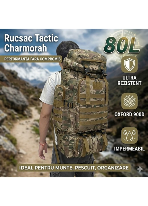 Rucsac Tactic Militar, Charmorah, 900D oxford, Bretele reglabile, 80L, 5 Compartimente, Impermeabil, pentru Drumetii pe Munte, Rucsac drumetie, Rucsac munte, Rucsac tactic, Ghiozdan militar, Camuflaj