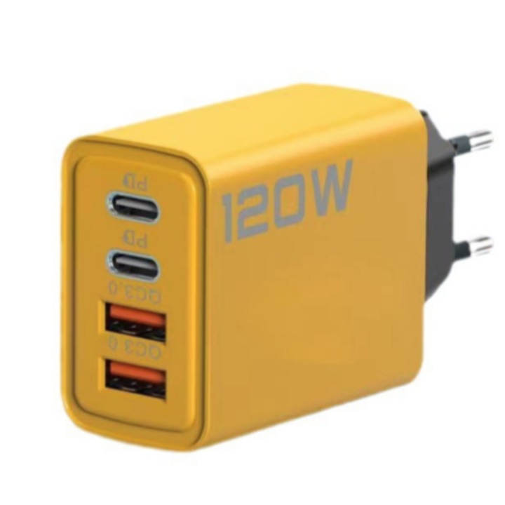 Зарядно за телефон 120W dual PD + dual USB, бързо зареждане, жълто