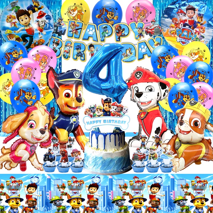 Комплект балони за 4-ти рожден ден на Paw Patrol, алуминиеви балони Paw Patrol, парти декорации на Paw Patrol, латексови балони Paw Patrol, покривки за маса, дъждовна завеса, декорации за торта