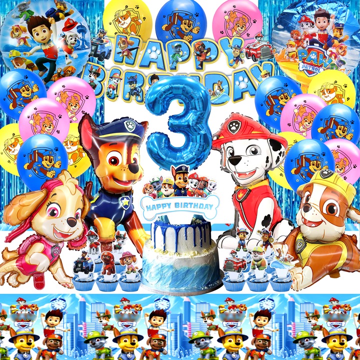 Комплект балони за 3-ти рожден ден, фолиеви балони Paw Patrol, декорации за парти Paw Patrol, латексови балони, покривки Paw Patrol, дъждовна завеса, декорации за торта