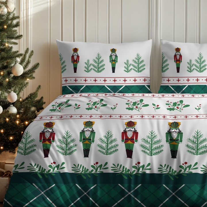 Set lenjerie de pat flanelata Detexpol, model sarbatori, multicolor, 220x200cm + 2x70x80cm