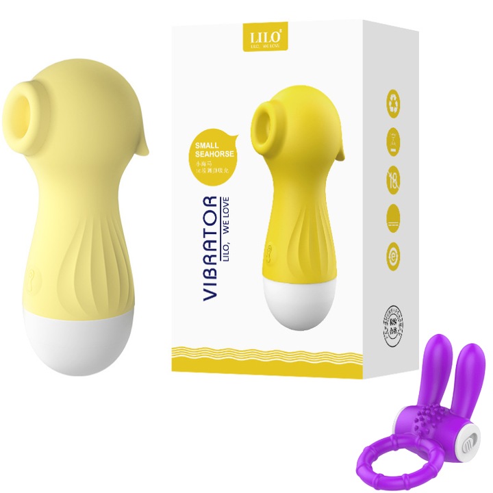 Csiklóvibrátor és izgató, csikóhal alakú, 1 vibrációs péniszgyűrű, kétrészes készlet, MzcrJosv, 9 vibrációs mód, USB töltés, orvosi szilikon, vízálló, 9,8 cm x 3,8 cm, sárga