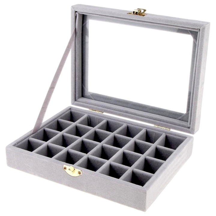Ékszerdoboz, 24 rekeszes, műanyag, bársony bélés, 20x15x5 cm, szürke, átlátszó fedél