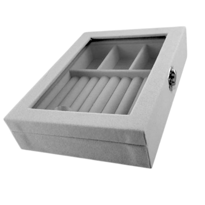 Cutie bijuterii, 1 compartiment bratari si 3 compartimente inele si cercei, plastic, captuseala catifea, 20x15x5 cm, gri, capac transparent, cu cheita, usor depozitat/transportat/curatat