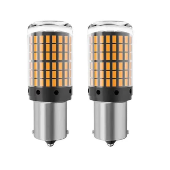 Set 2 becuri auto led BA15S 1156/P21W, 144LED SMD, pini la 180 grade, lumina galbena, BZRSH