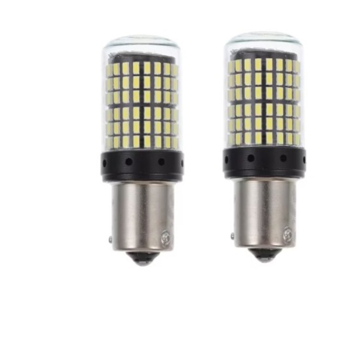 Set 2 becuri auto led BA15S 1156/P21W, 144LED SMD, pini la 180 grade, lumina alba, BZRSH
