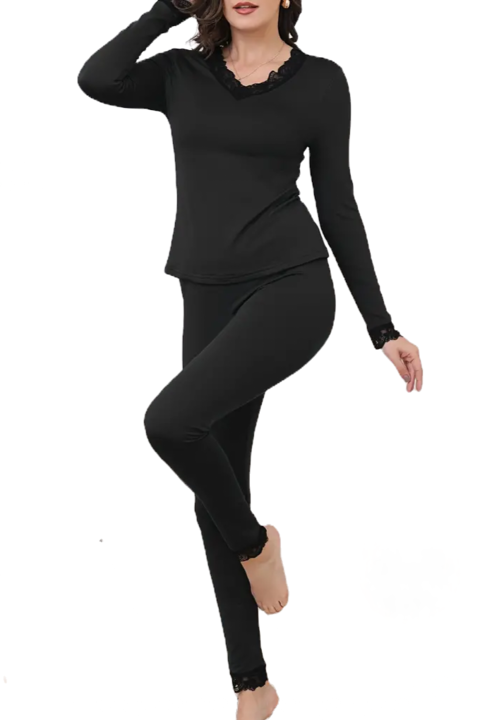 Set bluza si pantaloni termici cu finisaj de dantela