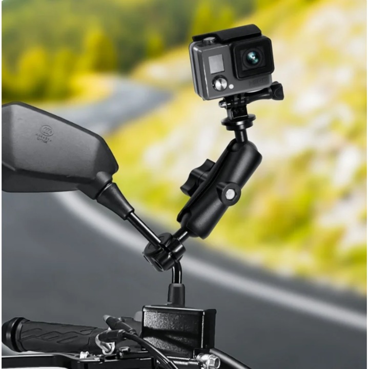 Стойка за камера за мотоциклет, ATV, бъги с щипка за прът за огледало, съвместима с GoPro, insta360, SJcam, DJI Action, телефони, универсална, метална (360 градуса)