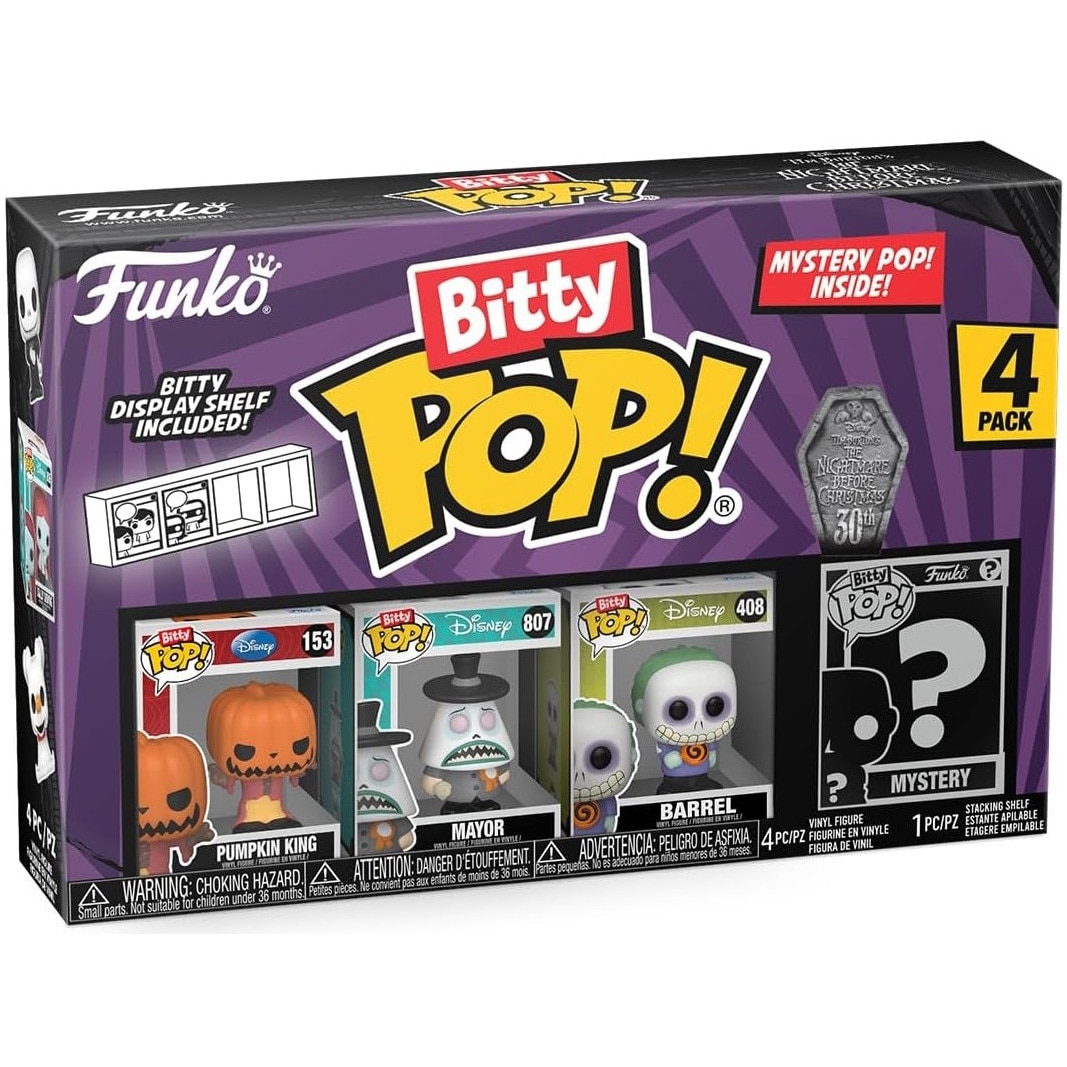 Set 4 figurine Funko Bitty POP! Disney: The Nightmare Before Christmas 30th - Pumpkin King, Mayor, Barrel, figurina surpriza