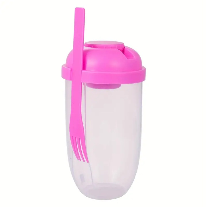 Recipient pentru salata de fructe sau legume, Zola, din plastic, include furcutila si recipient sos, 19x9 cm, roz