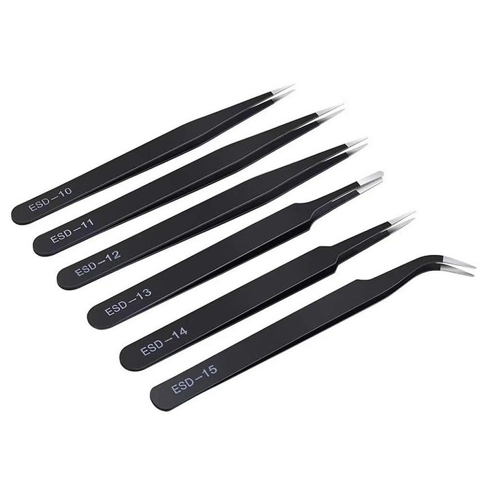Set de 6 pensete de precizie, Yakumuz, otel inoxidabil anti-static, pentru electronica, lucrari de laborator, bijuterii